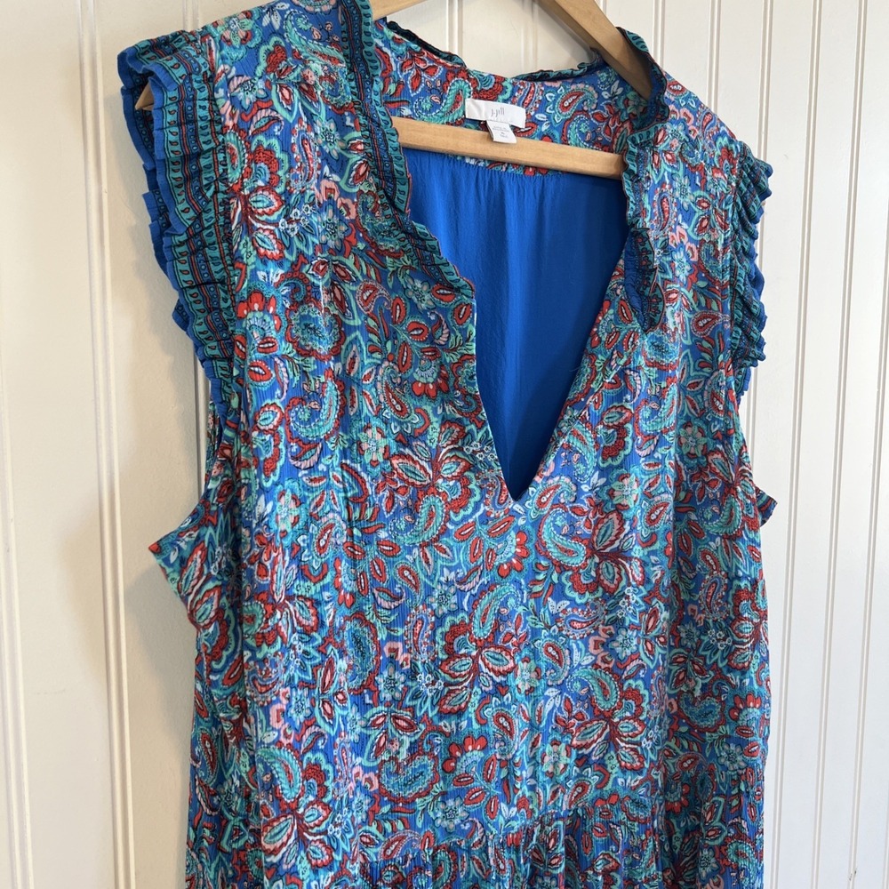 J JILL Women's Coastal Ruffles Sleeveless Midi Dress Blue Paisley Floral Sz XL T - Picture 2 of 9